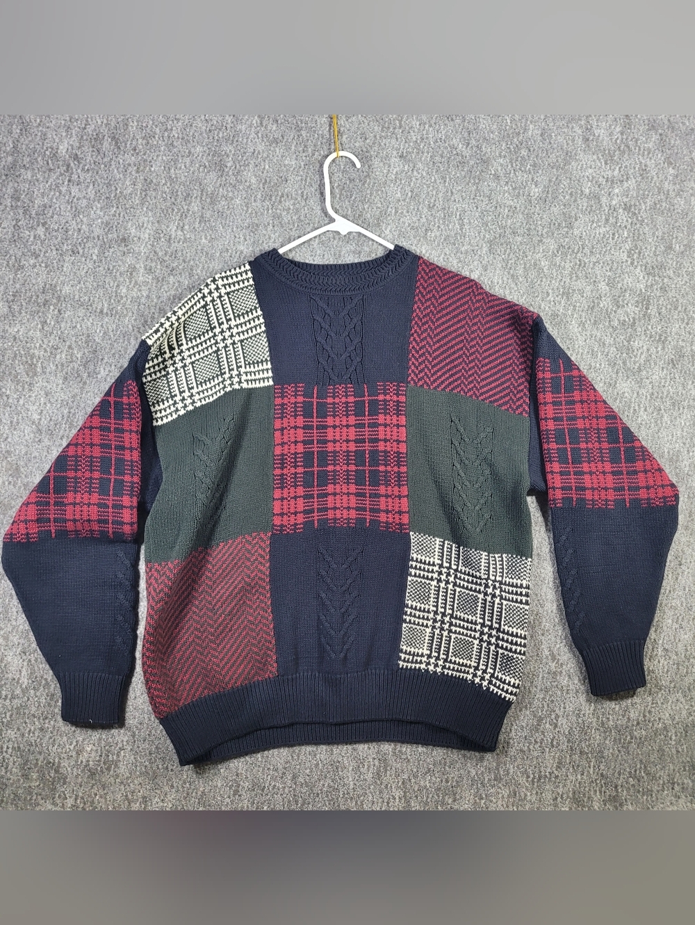 VTG Roundtree & Yorke Patchwork Sweater Mens L Plaid Cable Knit Grandpa 90s